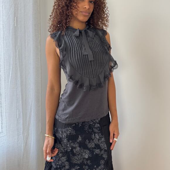 Vintage Kookai pleated silk-collar sleeveless top with lace trim (S/M) - Picture 1 of 9